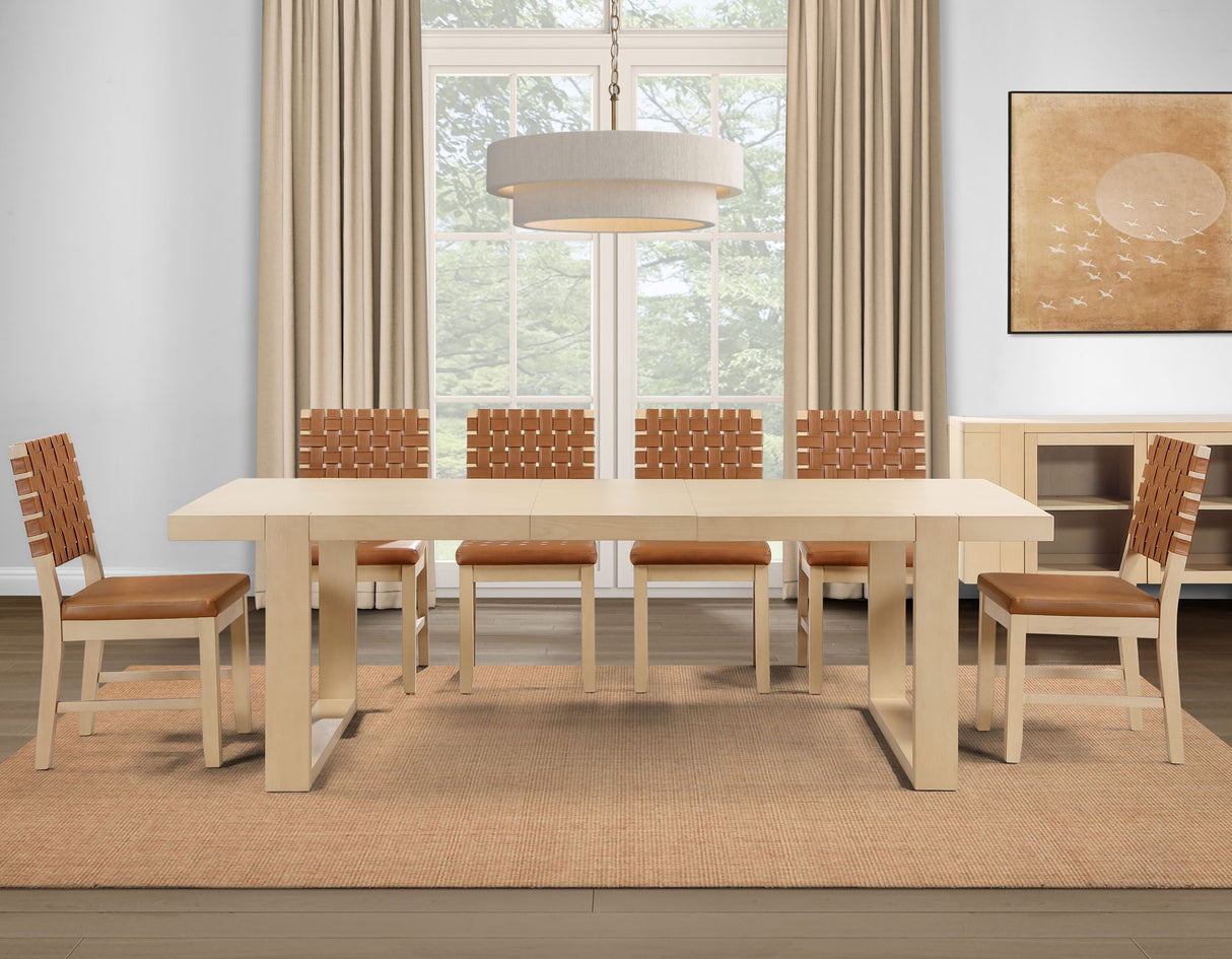 Reid Camel Vegan Leather 5-Piece 77-95″ Dining Set, Sand Finish by Steve Silver at Eve Furniture