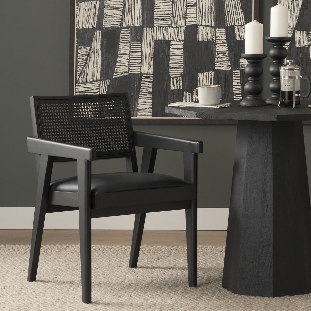 Reid Framed Black Cane Black Fabric Dining Armchair by Mercana at Eve Furniture