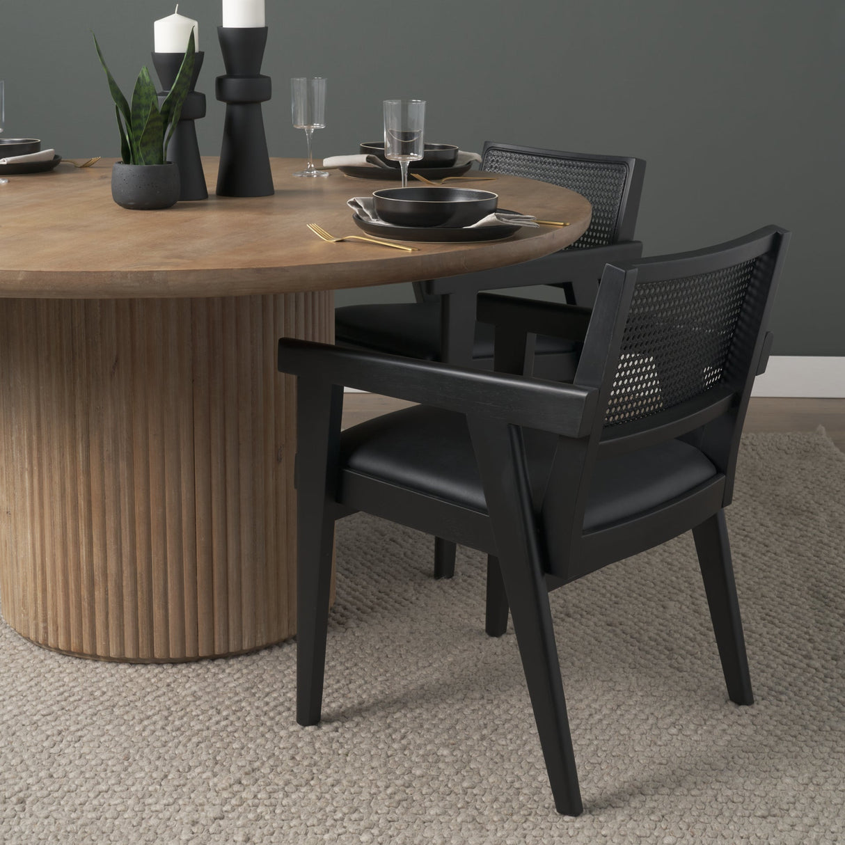 Reid Framed Black Cane Black Fabric Dining Armchair by Mercana at Eve Furniture