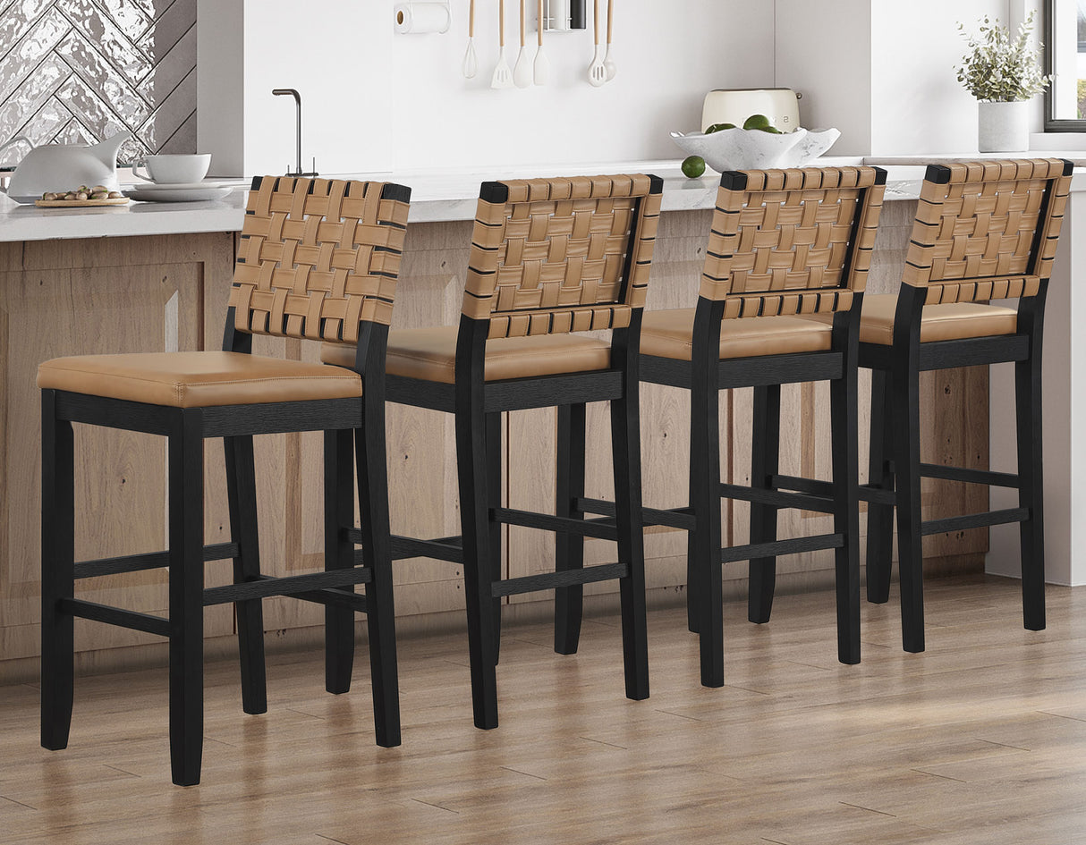 Reid Saddle Brown Vegan Leather 30″ Bar Stool, Black Finish by Steve Silver at Eve Furniture