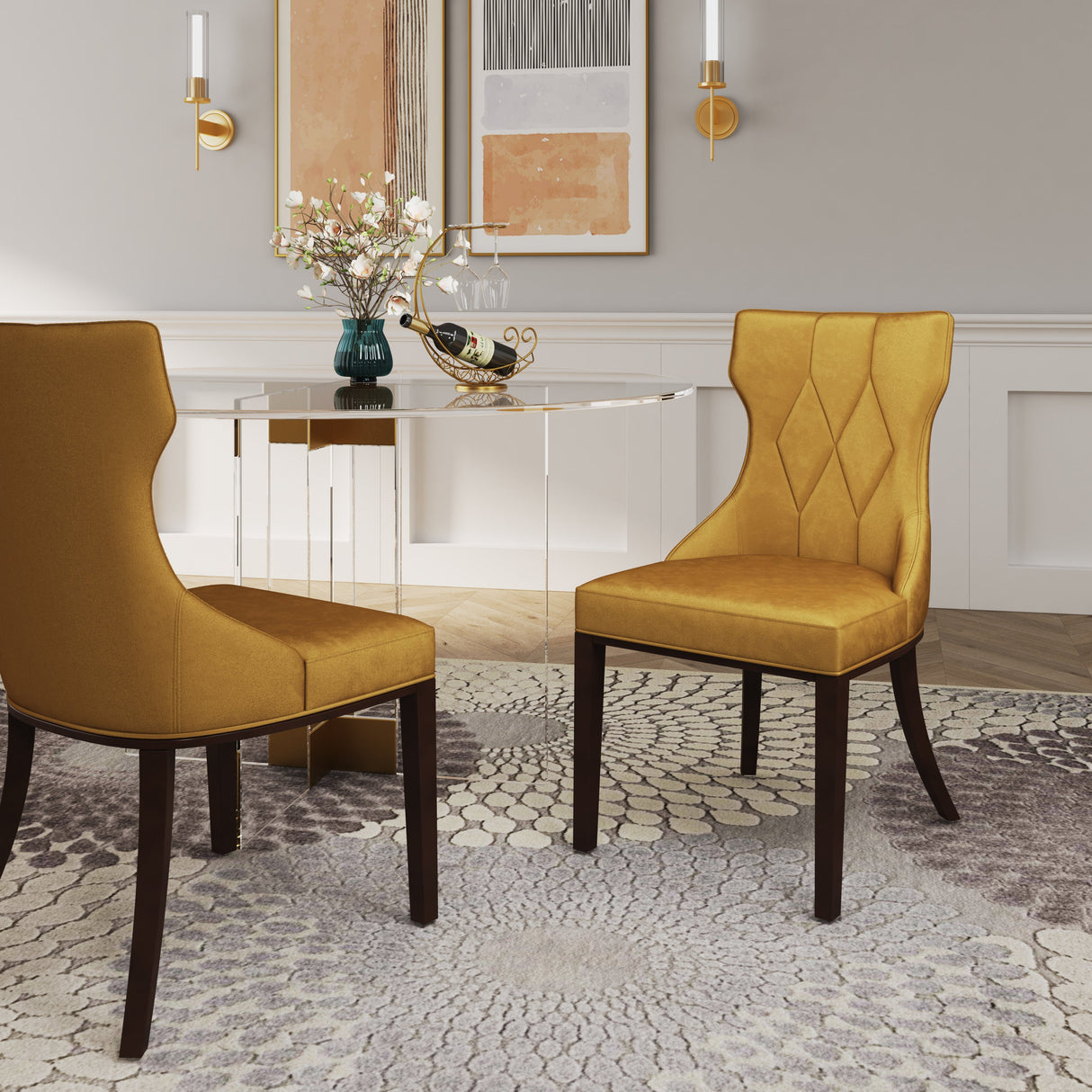Reine Velvet Dining Chair (Set of Two) in Antique Gold and Walnut by Manhattan Comfort at Eve Furniture