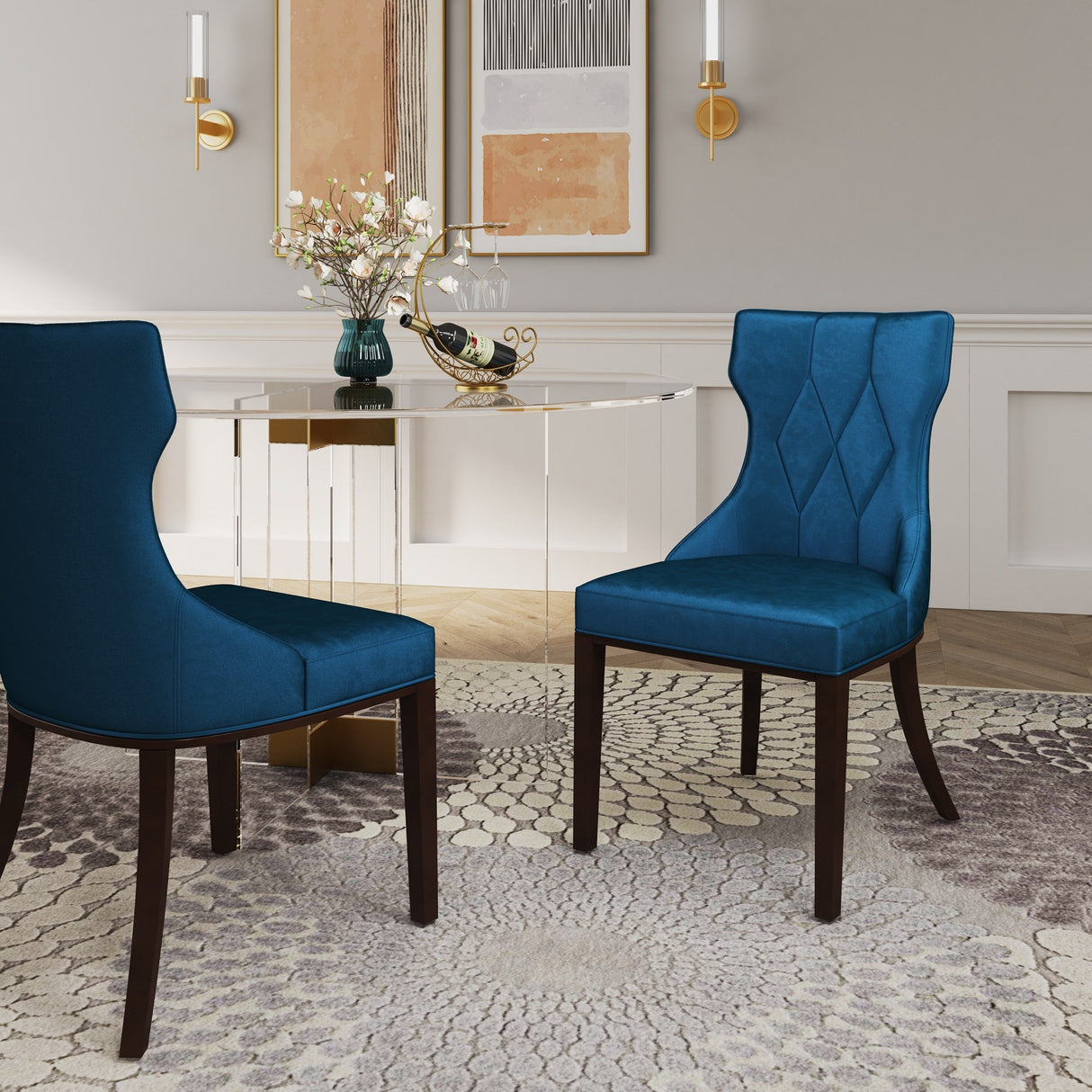 Reine Velvet Dining Chair (Set of Two) in Cobalt Blue and Walnut by Manhattan Comfort at Eve Furniture