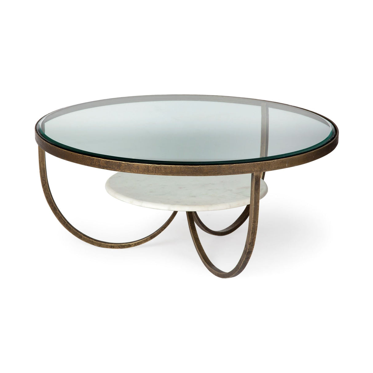 Reinhardt Round Glass Top Marble Shelf Gold Metal Base Coffee Table by Mercana at Eve Furniture