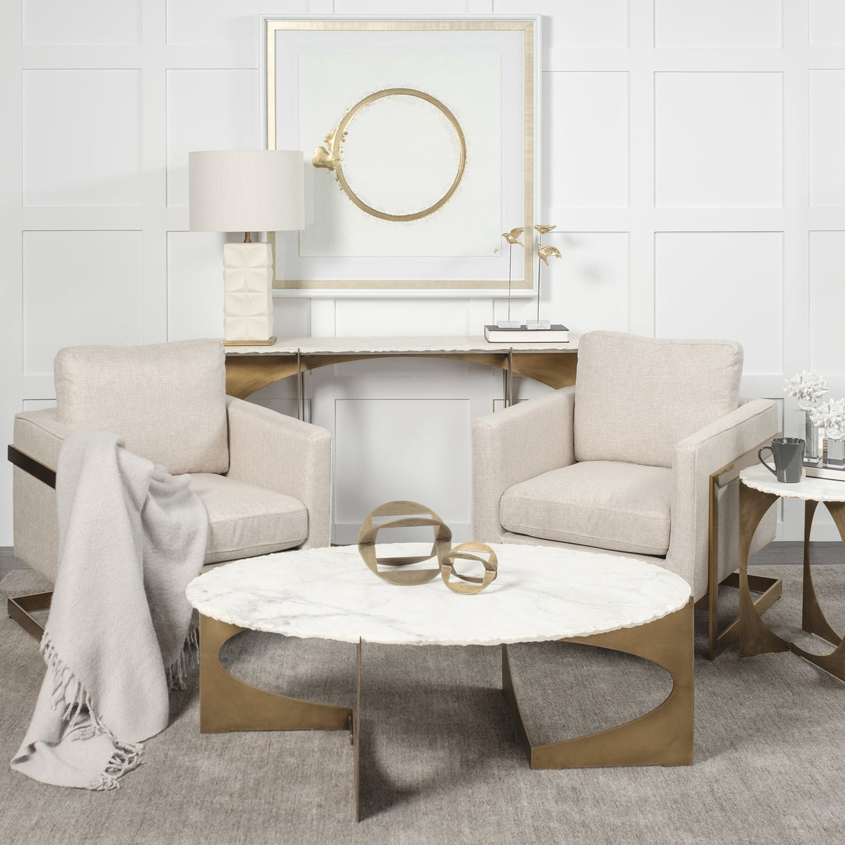 Reinhold 49" Round White Marble Top Gold Metal Base Coffee Table by Mercana at Eve Furniture