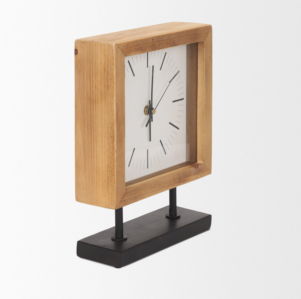 Renaya Light Brown Wood w/ Matte Black Metal Base Table Clock by Mercana at Eve Furniture