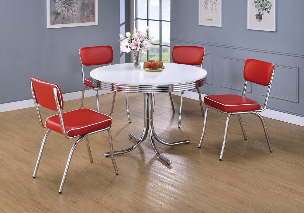 Retro Glossy White/Chrome Round Dining Table by Coaster at Eve Furniture
