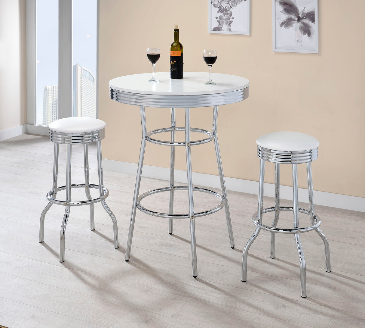 Retro White 3-Piece Round 1950s Bistro Pub Bar Table Set by Coaster at Eve Furniture