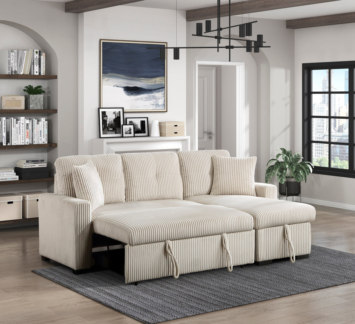 Rhett Beige 3-Piece Reversible Sectional with Pull-out Bed and Hidden Storage by Homelegance at Eve Furniture
