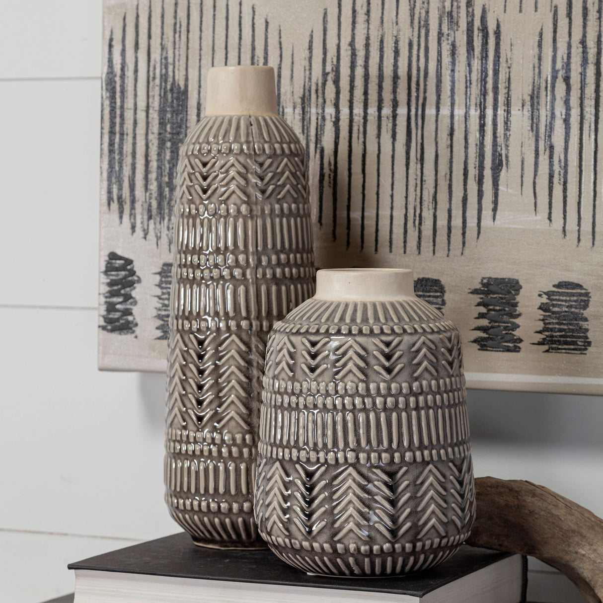Riker III Large Dark Gray Cream Ceramic Vase by Mercana at Eve Furniture