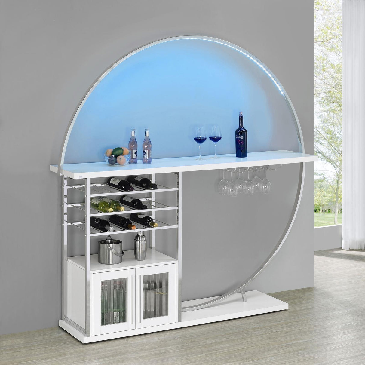 Risley White High Gloss 2-door Circular LED Home Bar with Wine Storage by Coaster at Eve Furniture