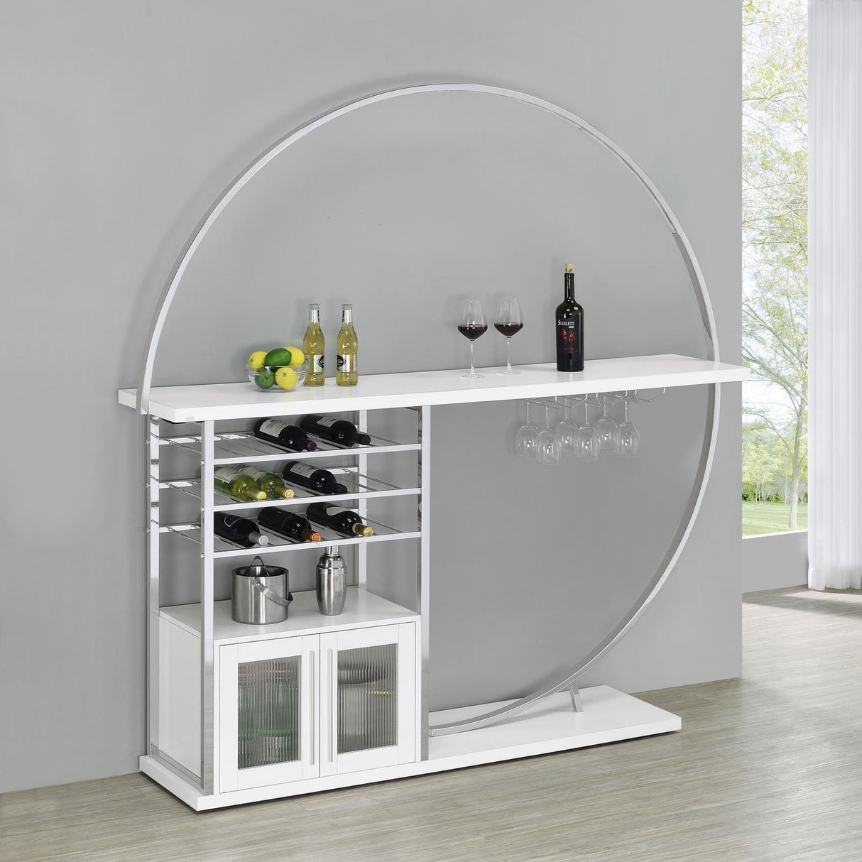 Risley White High Gloss 2-door Circular LED Home Bar with Wine Storage by Coaster at Eve Furniture