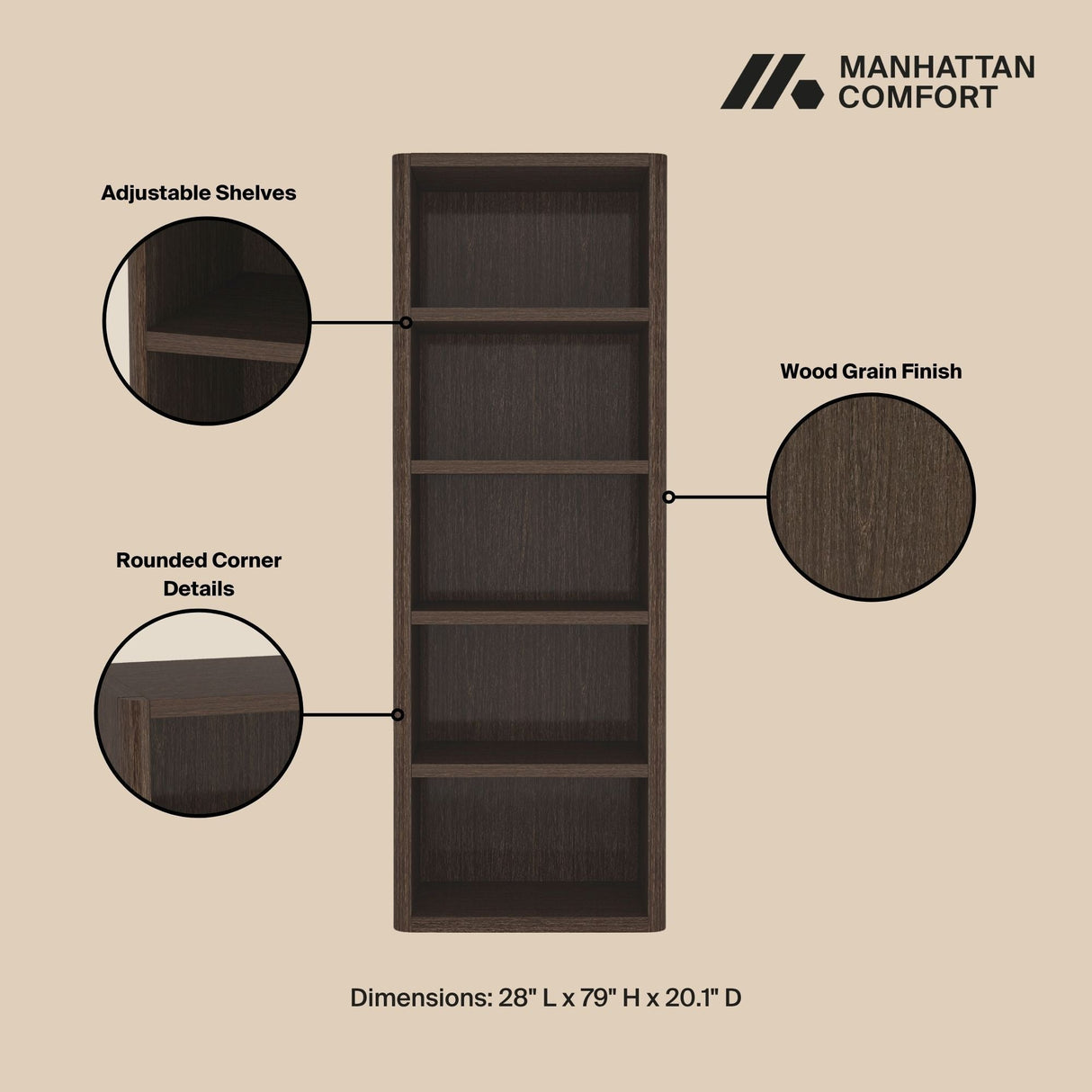 Rivington Dark Walnut 28" Open Bookcase by Manhattan Comfort at Eve Furniture