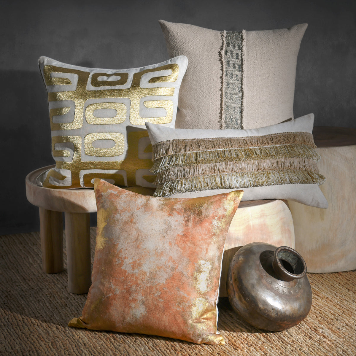 RO Zelo Natural/Gold 22x22 Throw Pillow (Set of 2) by Classic Home at Eve Furniture