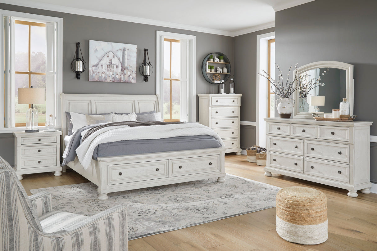 Robbinsdale Antique White Sleigh Storage Platform Bedroom Set by Ashley at Eve Furniture