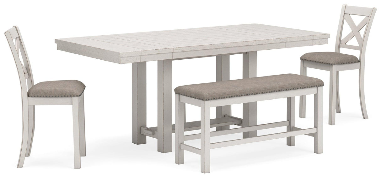 Robbinsdale Counter Height Dining Table and 2 Barstools and Bench in Antique White by Ashley at Eve Furniture