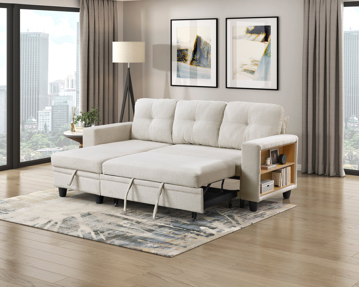 Robinson Beige Sectional with Reversible Chaise, Pull-out Bed, Shelves and Charging Ports by Homelegance at Eve Furniture