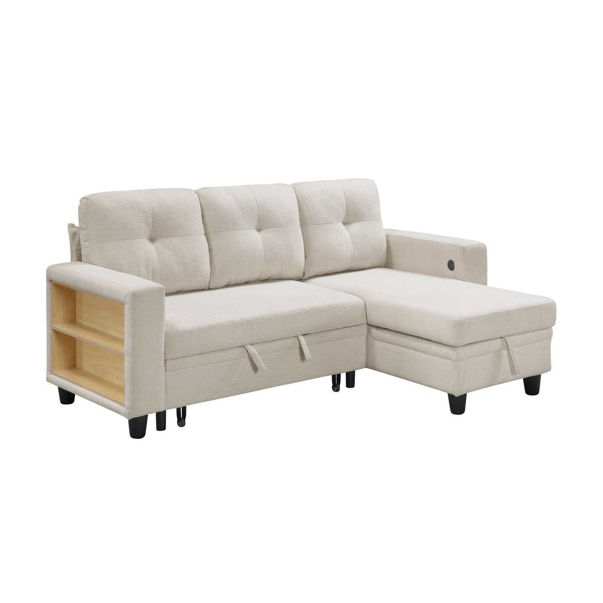 Robinson Beige Sectional with Reversible Chaise, Pull-out Bed, Shelves and Charging Ports by Homelegance at Eve Furniture