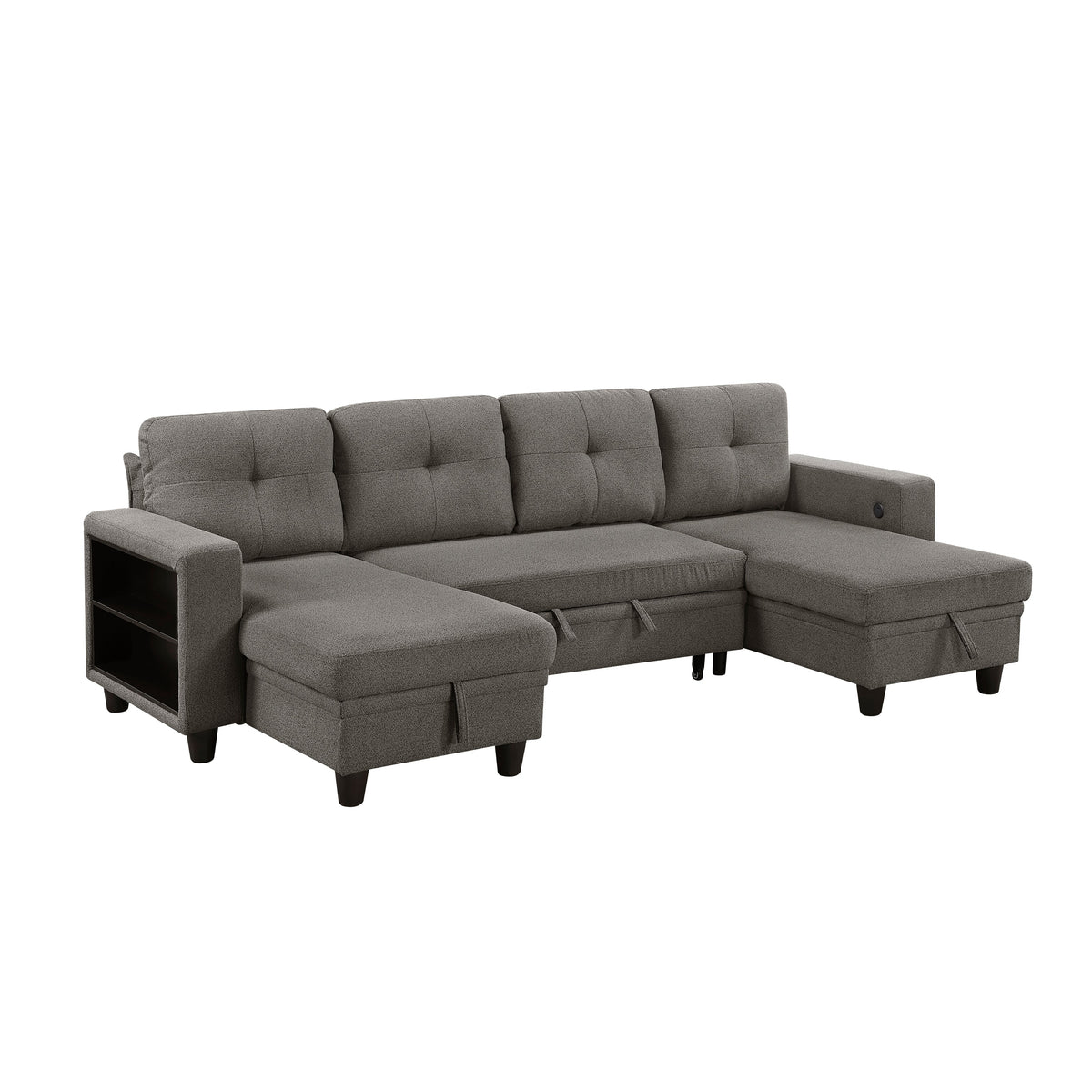 Robinson Dark Brown Sectional with Two Chaises, Pull-out Bed, Shelves and Charging Ports by Homelegance at Eve Furniture