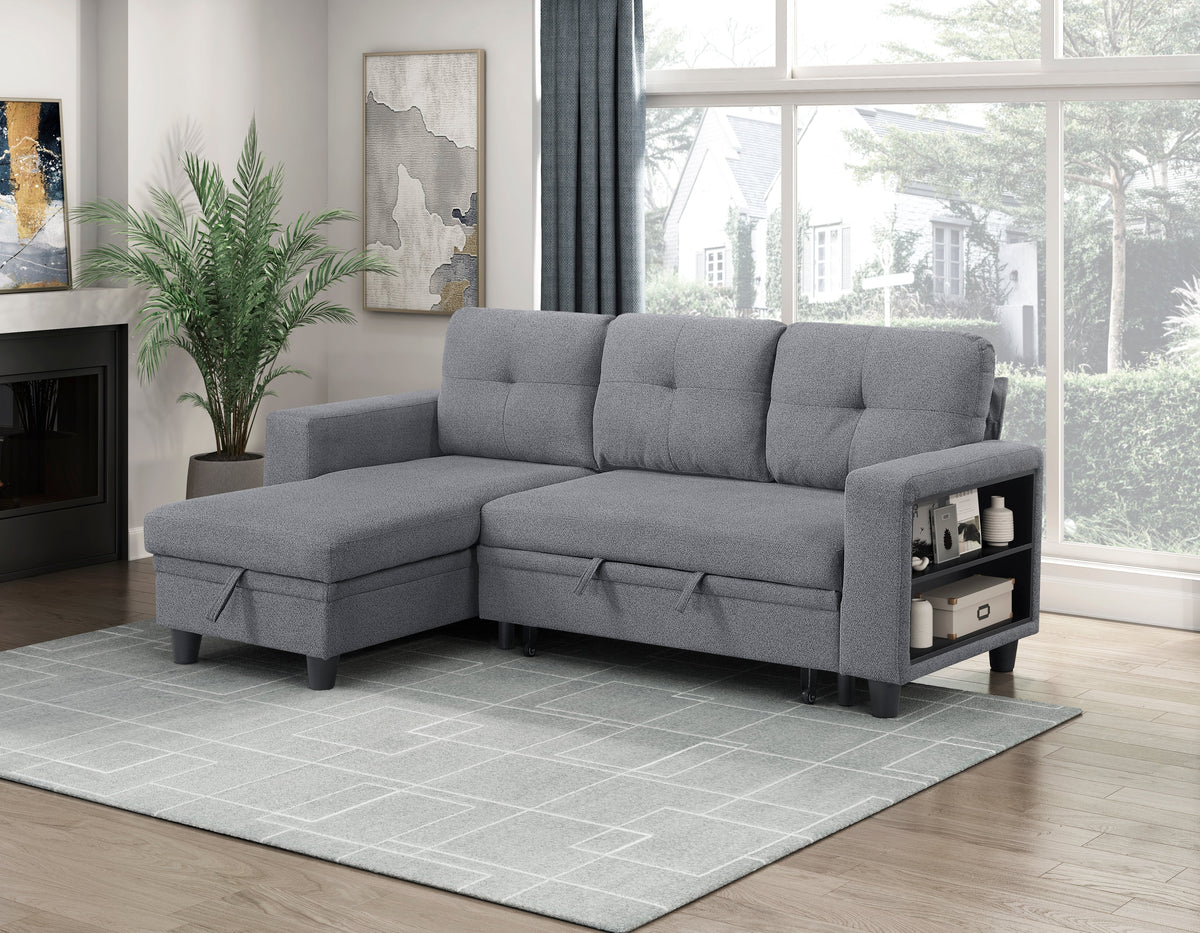 Robinson Gray Sectional with Reversible Chaise, Pull-out Bed, Shelves and Charging Ports by Homelegance at Eve Furniture
