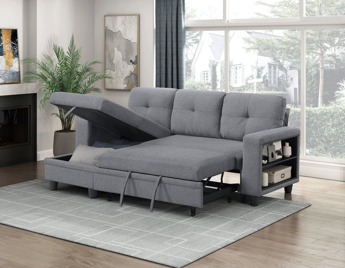 Robinson Gray Sectional with Reversible Chaise, Pull-out Bed, Shelves and Charging Ports by Homelegance at Eve Furniture