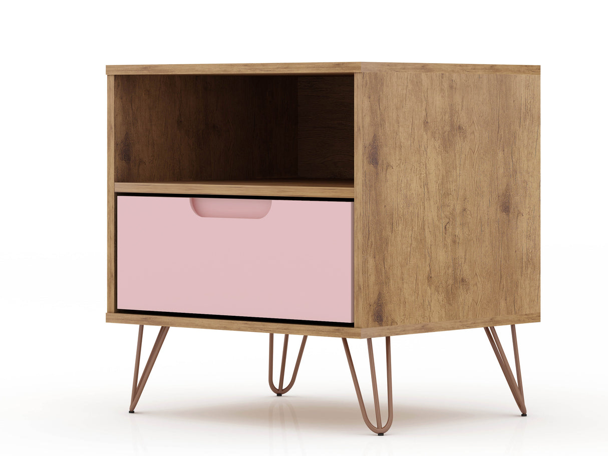 Rockefeller 1.0 Nightstand in Nature and Rose Pink by Manhattan Comfort at Eve Furniture