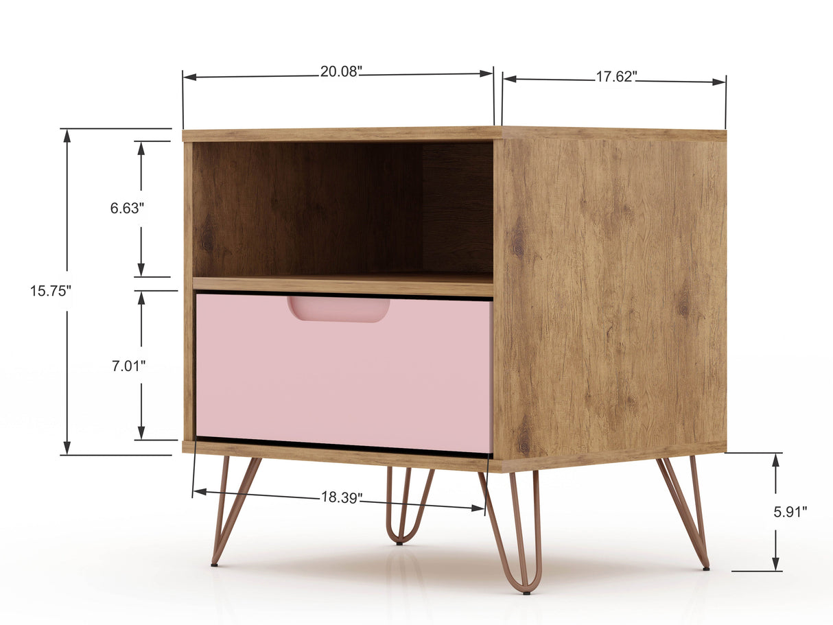 Rockefeller 1.0 Nightstand in Nature and Rose Pink by Manhattan Comfort at Eve Furniture
