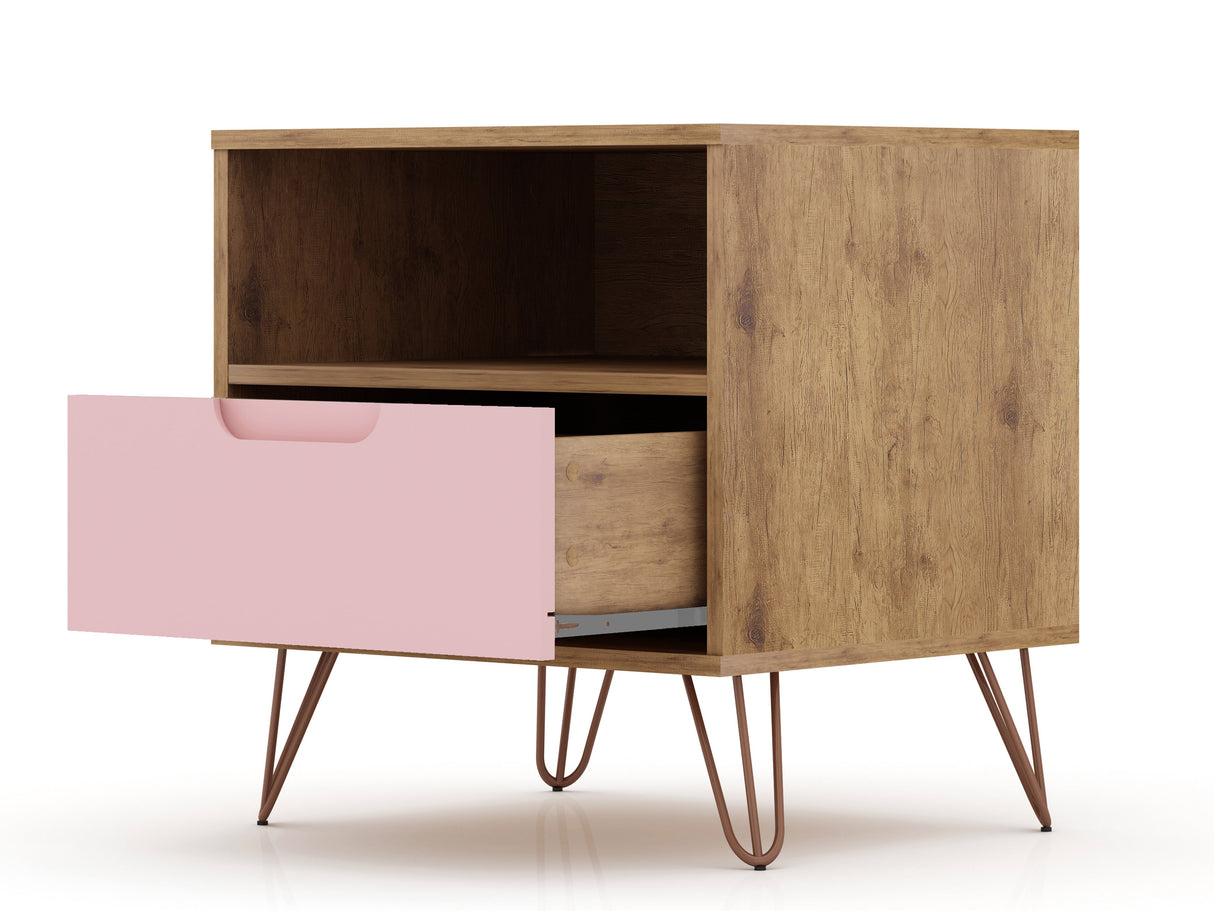 Rockefeller 1.0 Nightstand in Nature and Rose Pink by Manhattan Comfort at Eve Furniture