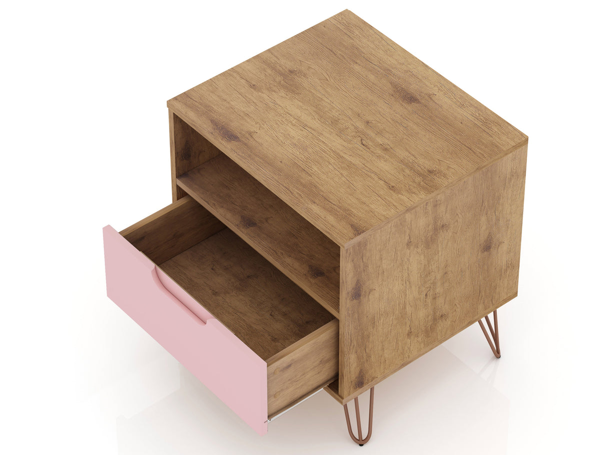 Rockefeller 1.0 Nightstand in Nature and Rose Pink by Manhattan Comfort at Eve Furniture