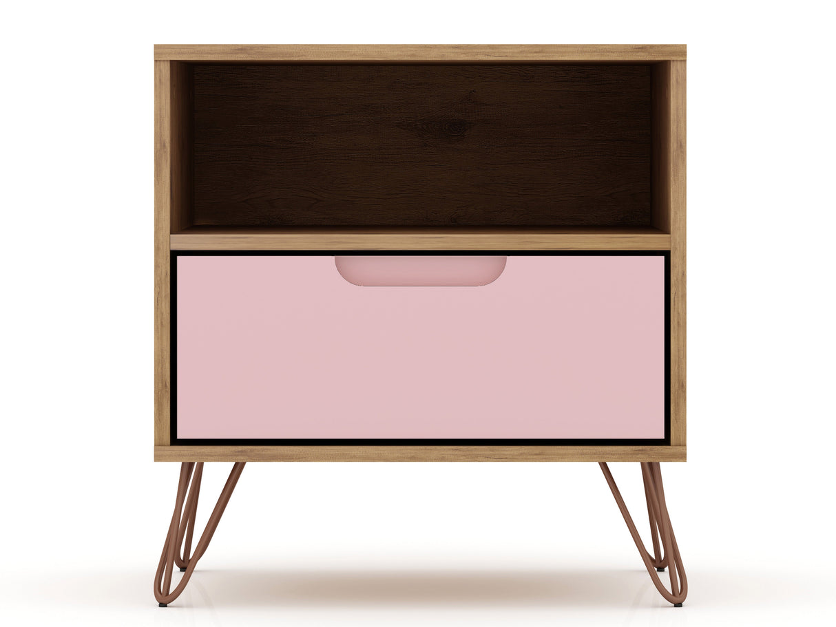 Rockefeller 1.0 Nightstand in Nature and Rose Pink by Manhattan Comfort at Eve Furniture
