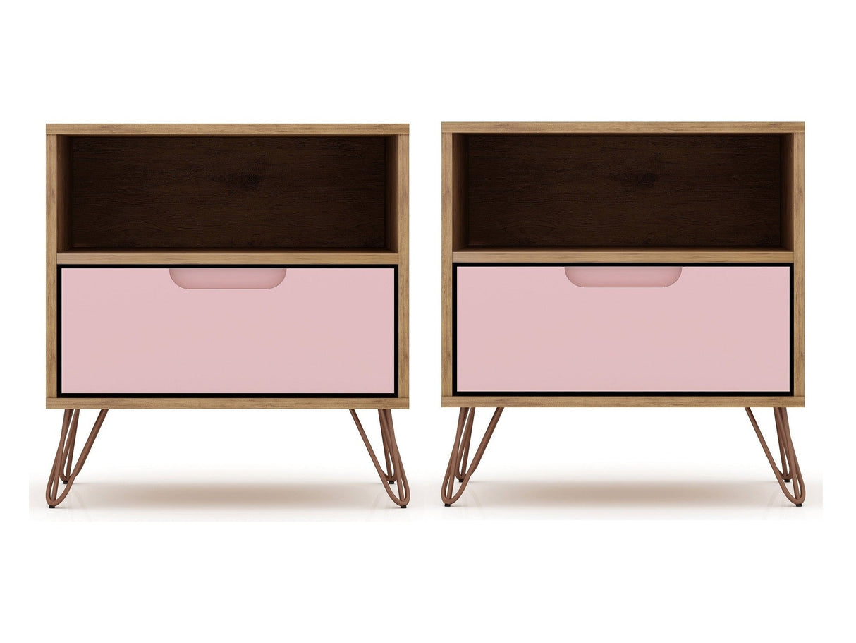 Rockefeller Nightstand 1.0 in Nature and Rose Pink (set of 2) by Manhattan Comfort at Eve Furniture