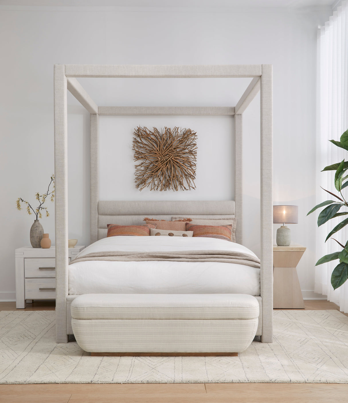 Rockford Upholstered Eastern King Canopy Bed in Turtle Dove Linen by Modus Furniture at Eve Furniture