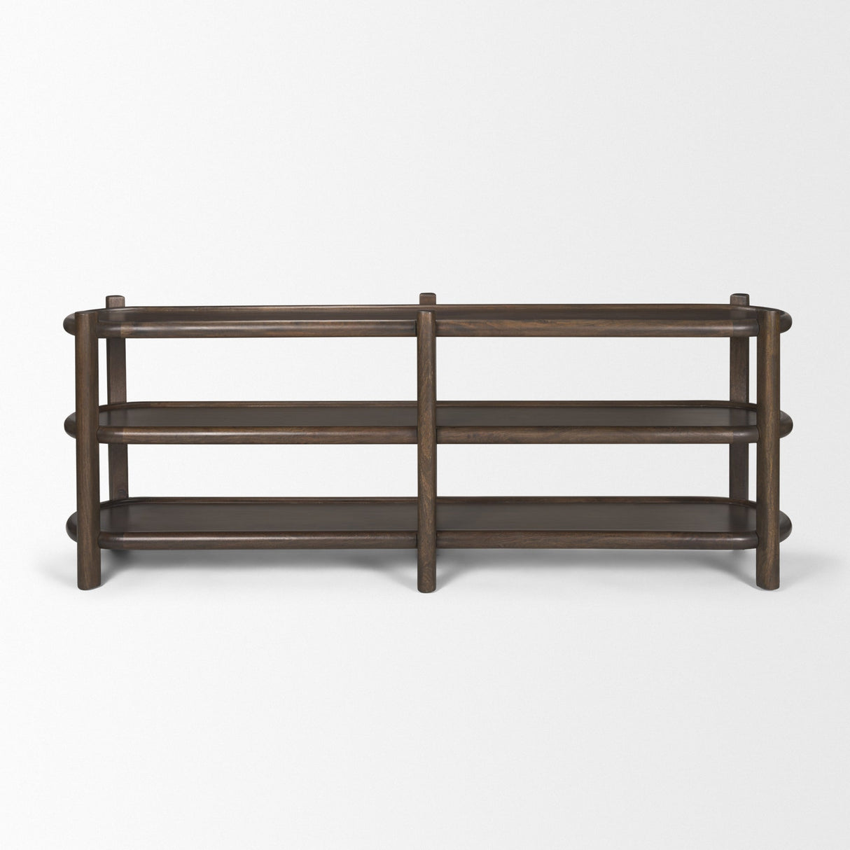 Romi Dark Brown Wood w/ 3 Shelves Oval Console Table by Mercana at Eve Furniture