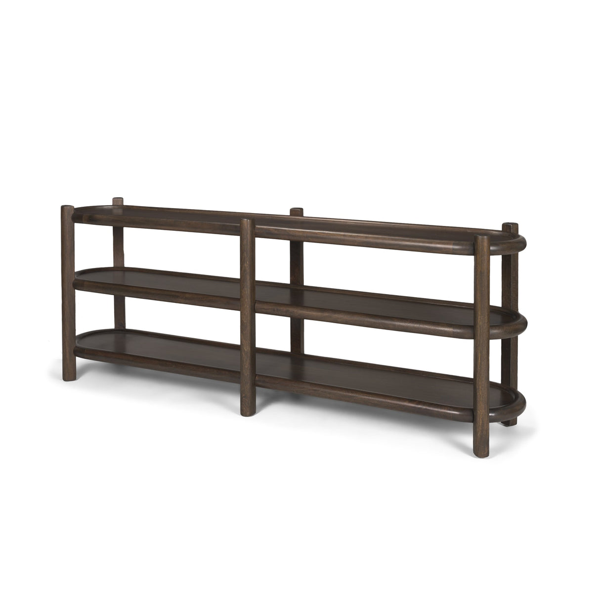 Romi Dark Brown Wood w/ 3 Shelves Oval Console Table by Mercana at Eve Furniture