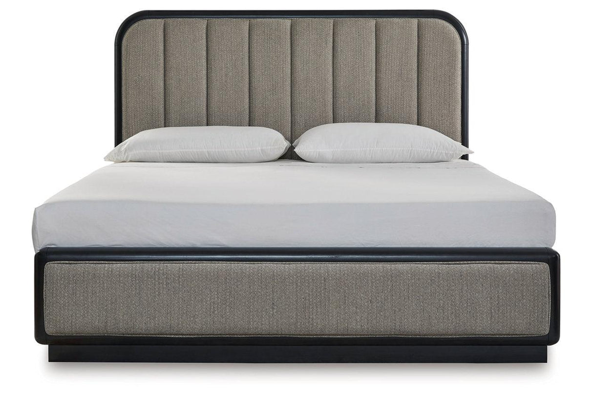 Rowanbeck Gray/Black California King Upholstered Panel Bed by Ashley at Eve Furniture