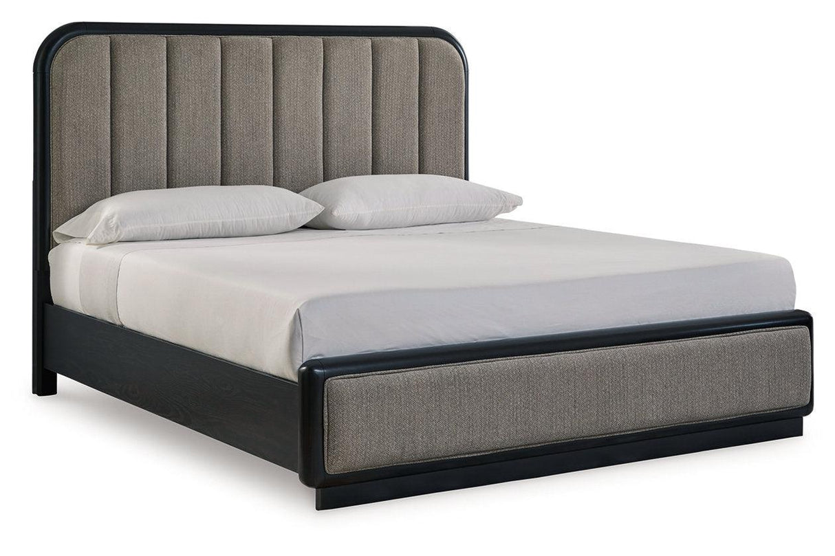 Rowanbeck Gray/Black King Upholstered Panel Bed by Ashley at Eve Furniture