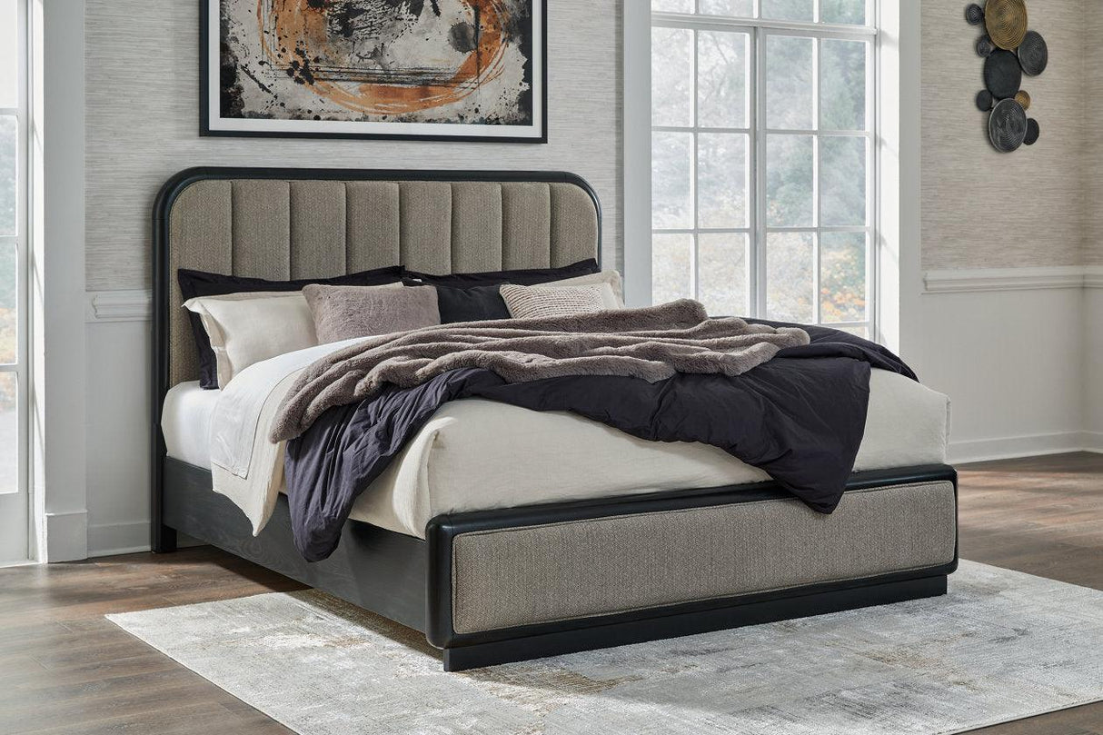 Rowanbeck Gray/Black King Upholstered Panel Bed by Ashley at Eve Furniture