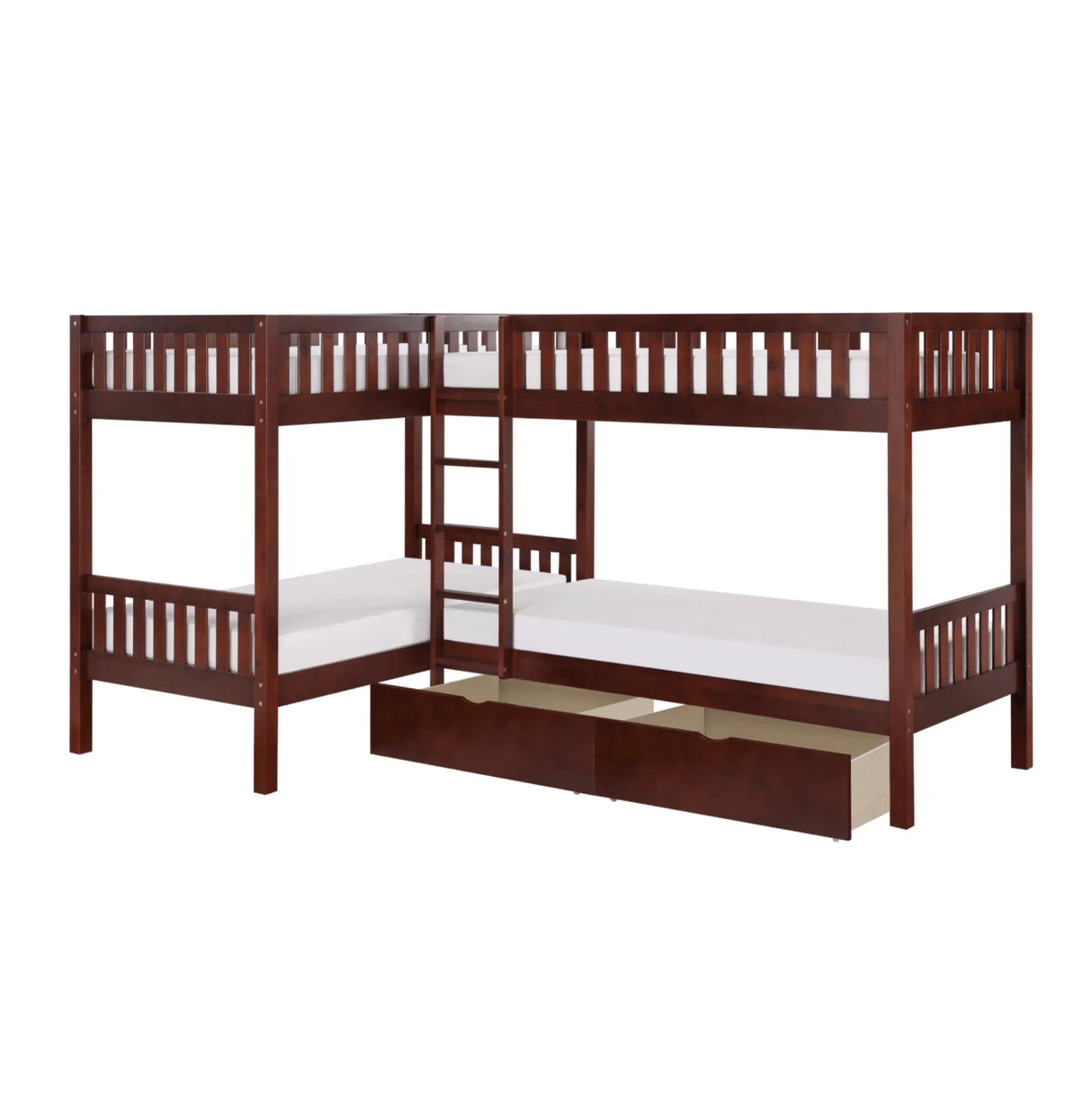 Rowe Dark Cherry Twin Corner Bunk Bed with Storage Boxes by Homelegance at Eve Furniture
