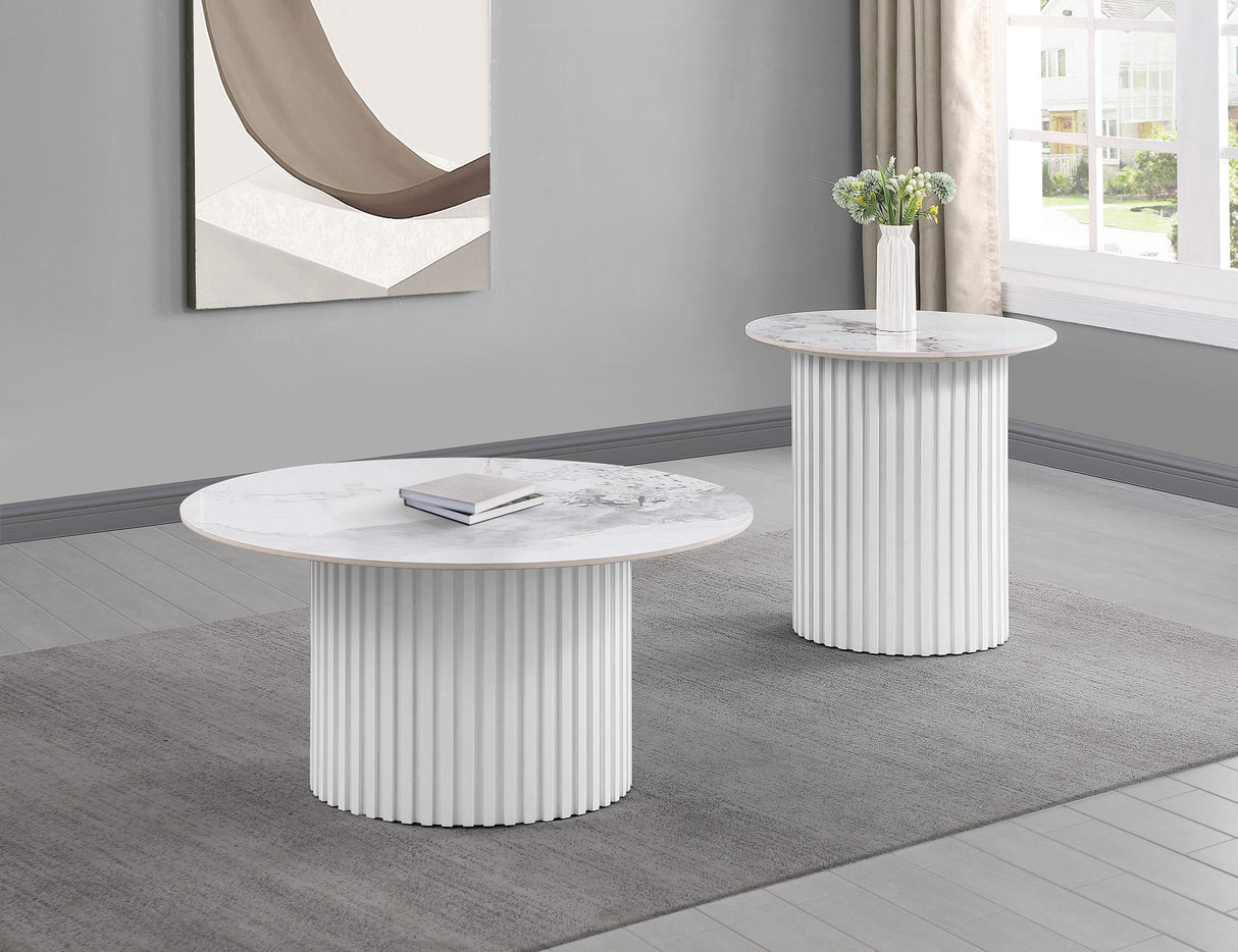 Rowena White 2-Piece Faux Marble Coffee and End Table Set by Coaster at Eve Furniture
