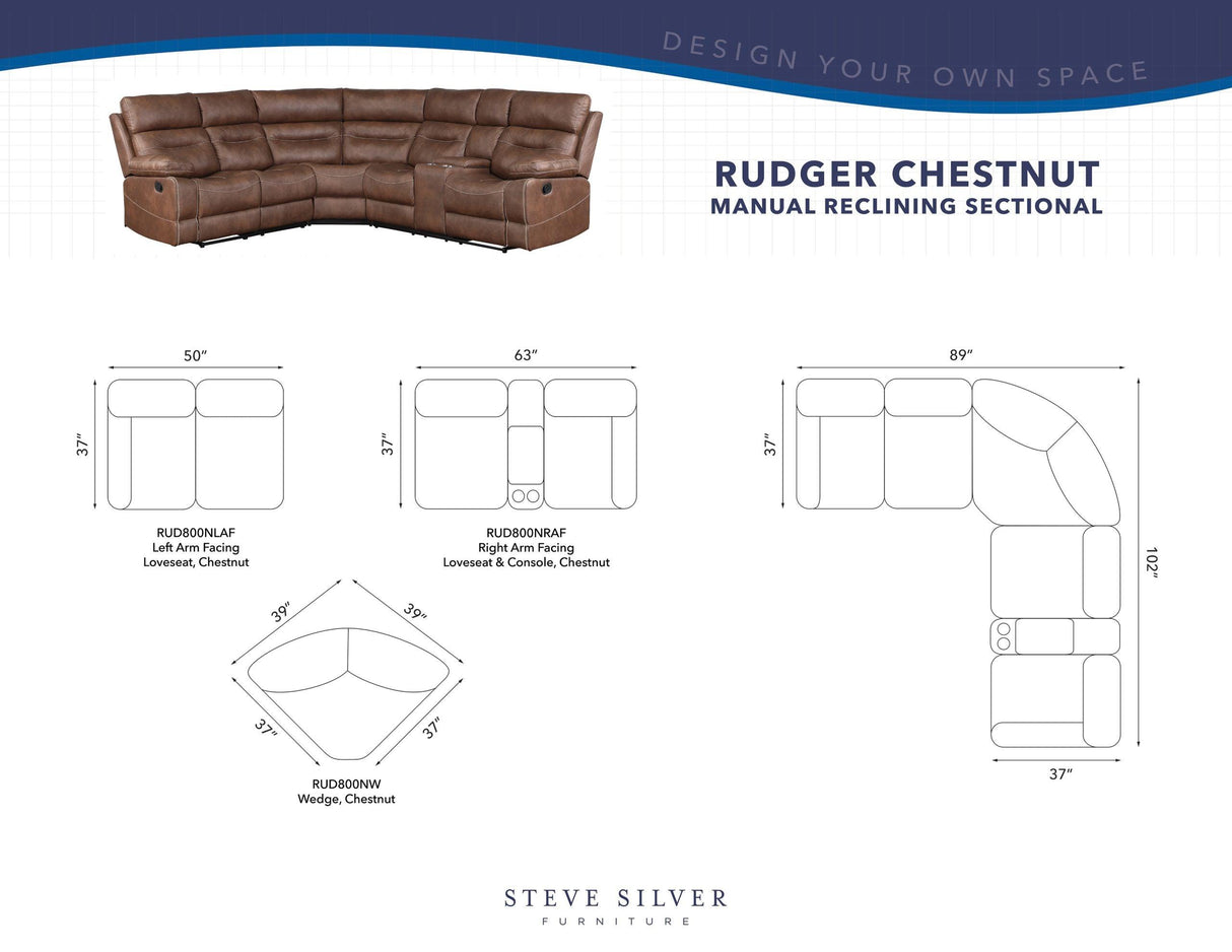 Rudger Chestnut 3-Piece Reclining Sectional by Steve Silver at Eve Furniture
