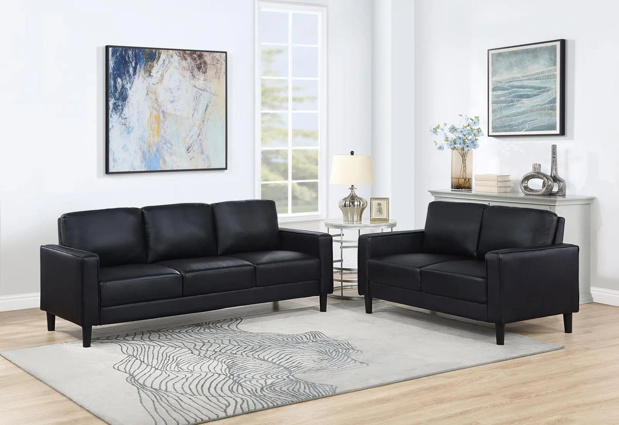 Ruth Black Upholstered Track Arm Faux Leather Living Room Set by Coaster at Eve Furniture