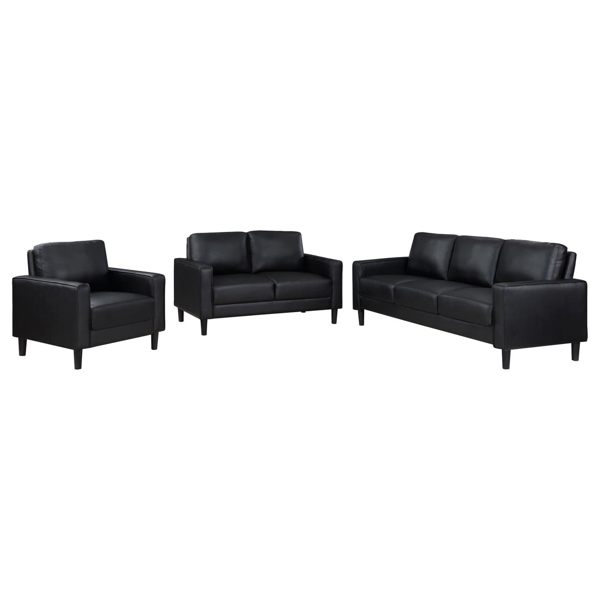 Ruth Black Upholstered Track Arm Faux Leather Living Room Set by Coaster at Eve Furniture