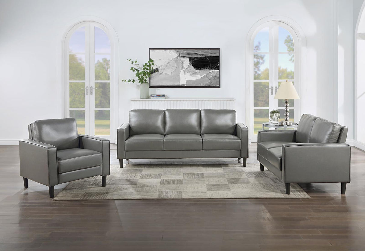 Ruth Gray Upholstered Track Arm Faux Leather Living Room Set by Coaster at Eve Furniture