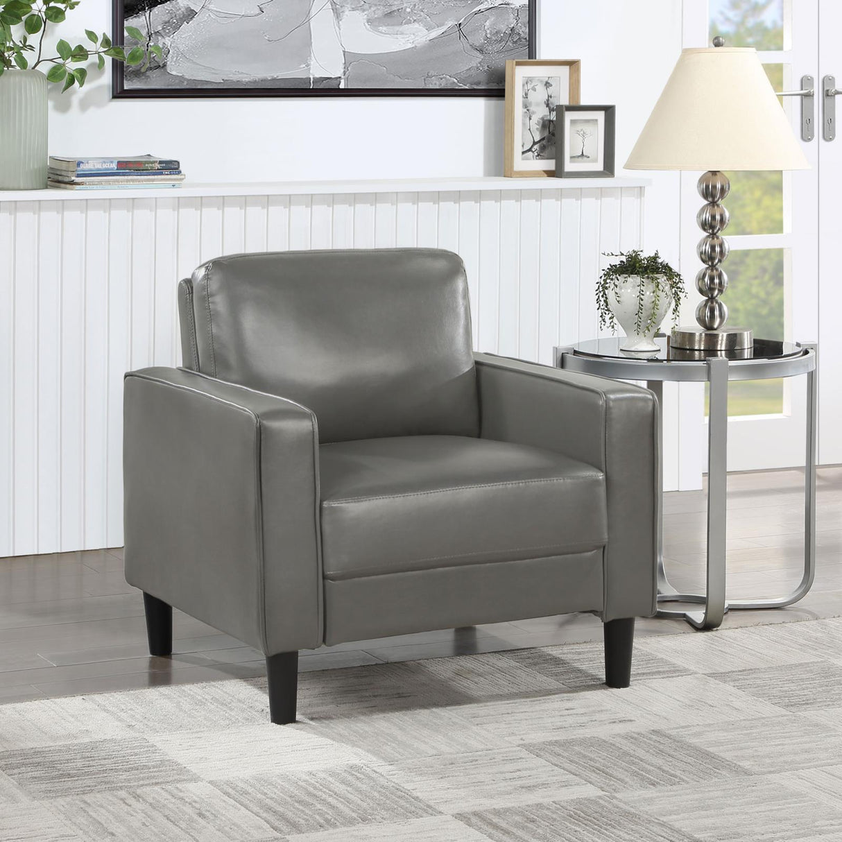 Ruth Grey Faux Leather Upholstered Track Arm Accent Chair by Coaster at Eve Furniture