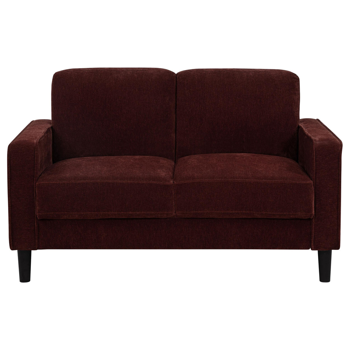 Ruth Rust Red Fabric Upholstered Track Arm Loveseat by Coaster at Eve Furniture