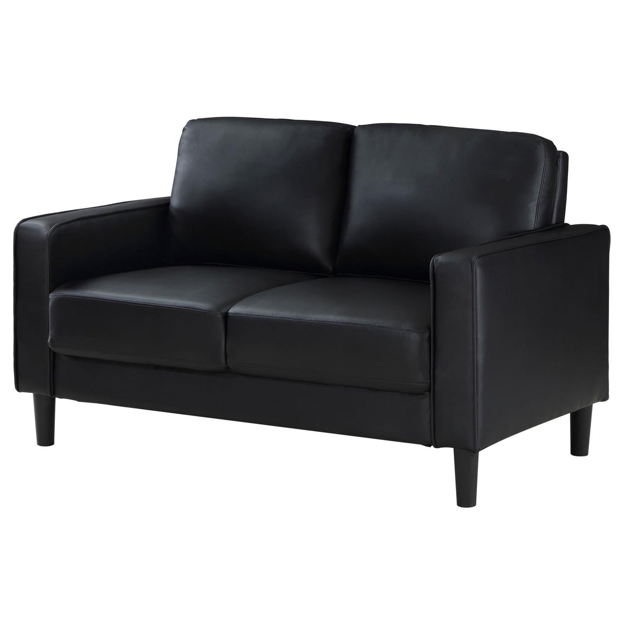 Ruth Black Upholstered Track Arm Faux Leather Loveseat by Coaster at Eve Furniture