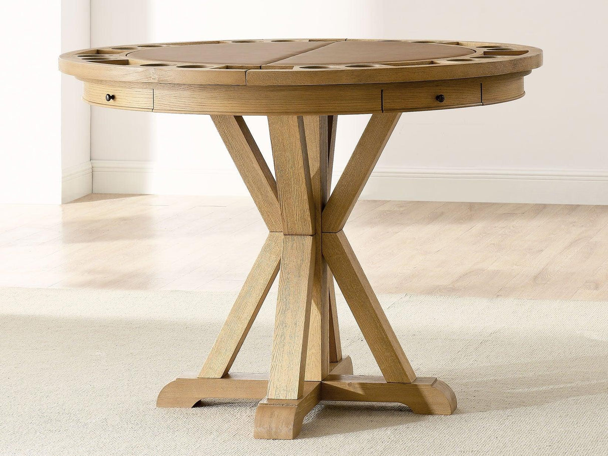 Rylie 48-inch Round Counter Dining Table with 4 Drawers and Folding Game Top, Natural Finish by Steve Silver at Eve Furniture