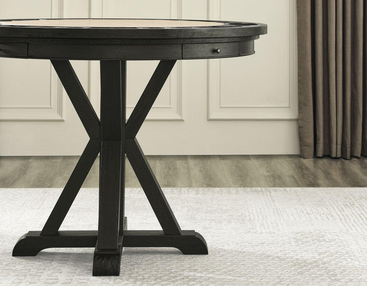 Rylie 48-inch Round Counter Dining Table with 4 Drawers and Game Top, Black Finish by Steve Silver at Eve Furniture