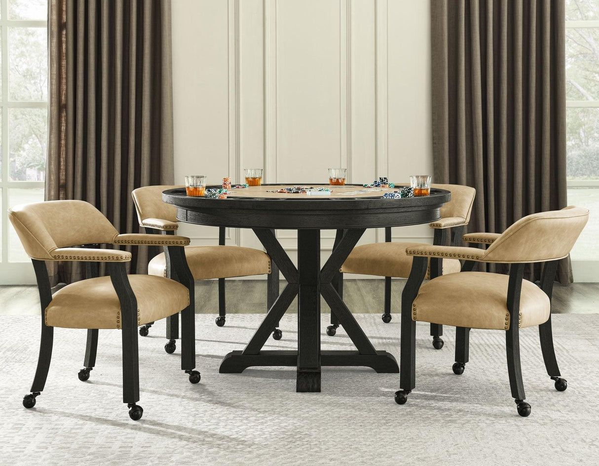 Rylie 48-inch Round Dining Table with Folding Game Top, Black Finish by Steve Silver at Eve Furniture