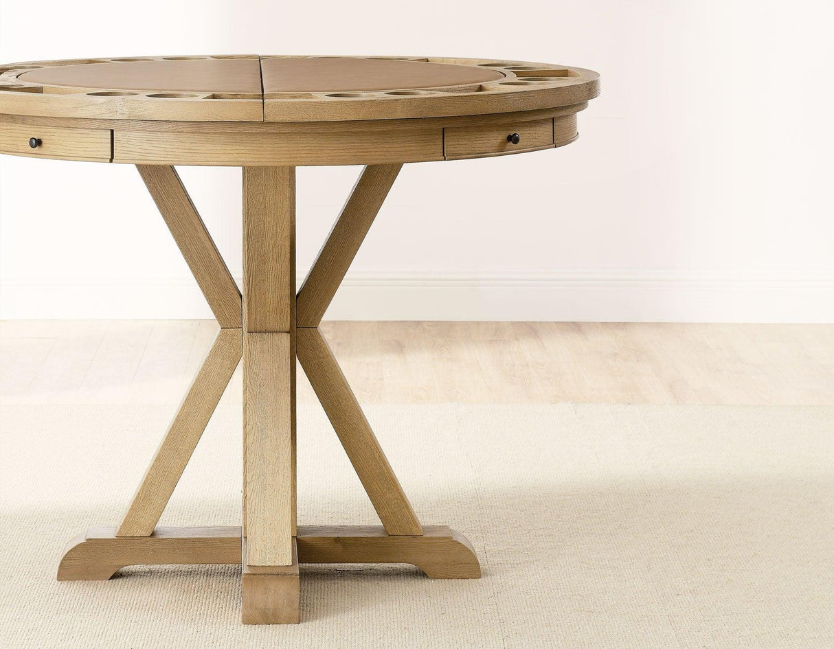 Rylie 48-inch Round Counter Dining Table with 4 Drawers and Folding Game Top, Natural Finish by Steve Silver at Eve Furniture