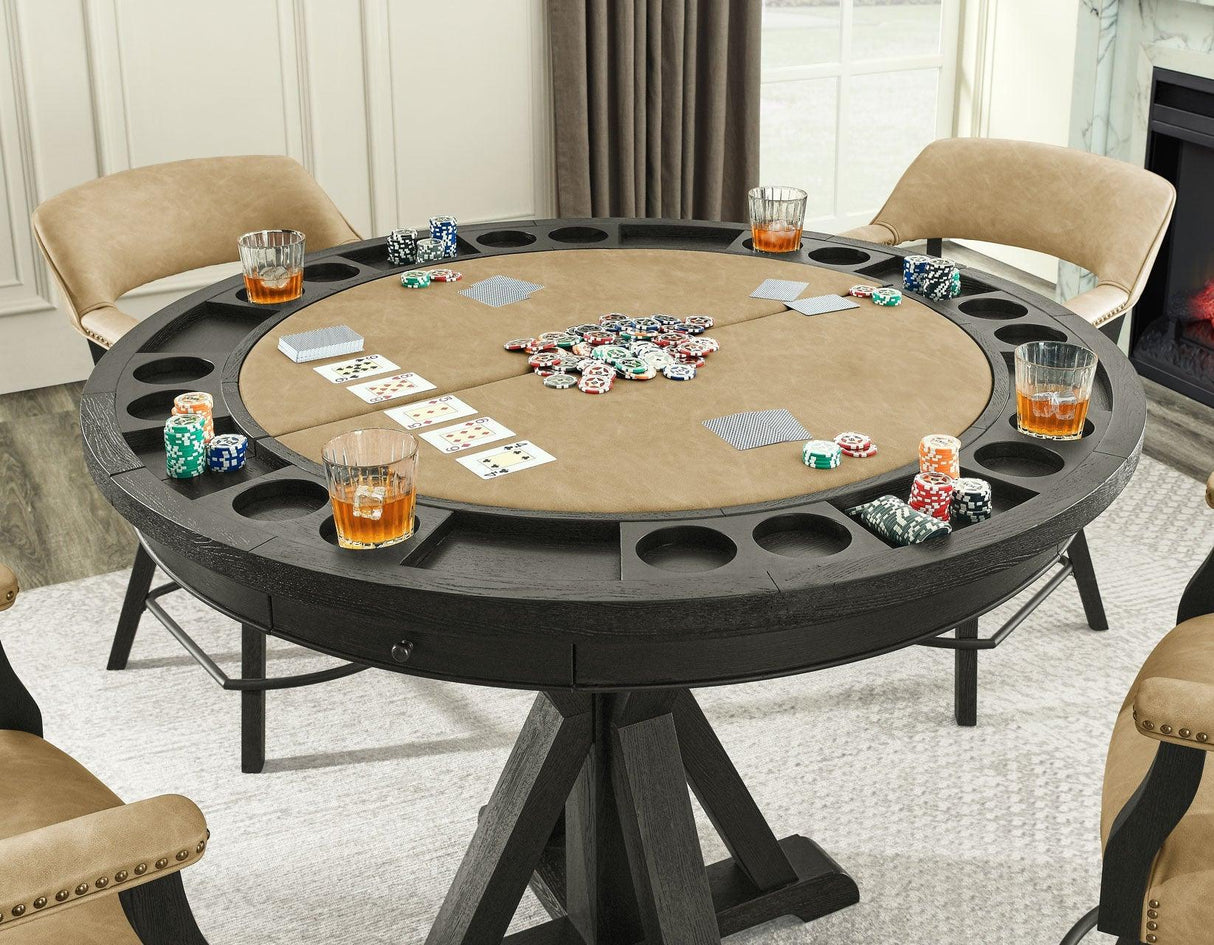Rylie 48-inch Round Counter Dining Table with 4 Drawers and Game Top, Black Finish by Steve Silver at Eve Furniture